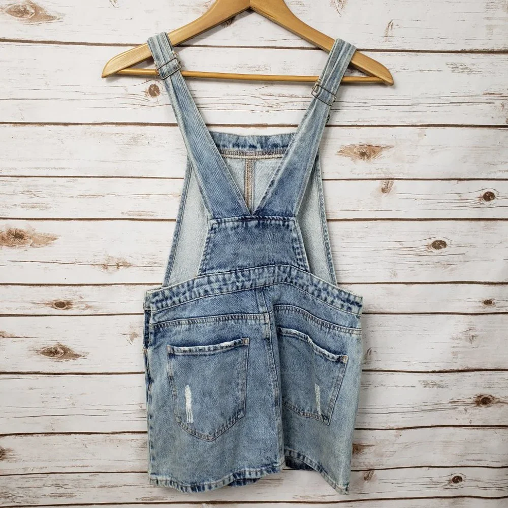 F21 Distressed Denim Overall Jumper Dress Pockets Light Blue MIni Size M - Picture 7 of 12